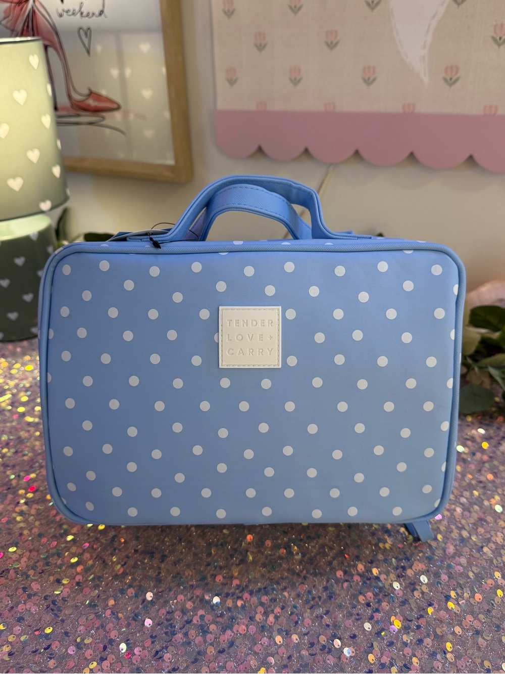 NWT Tender Love + Carry Toiletry Weekender Bag in Sky Blue with White Polka Dots